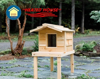 Small Heated Outdoor Cat House with Deck and Extended Roof