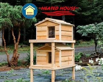 Outdoor Cat House Heated/Insulated Cat House For Winter/Feral Cat House Shelter Home/LARGE Size- Heated DOUBLE DECKER with 2 Lounging Decks