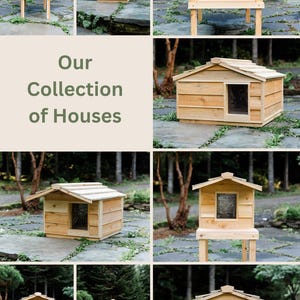 May include: A collection of eight wooden dog houses in various styles and sizes. Some houses have a raised platform, while others are on the ground. All houses are made of natural wood and have a simple, rustic design.