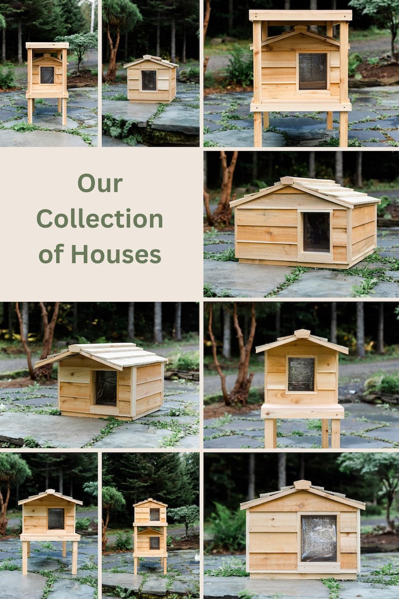 May include: A collection of eight wooden dog houses in various styles and sizes. Some houses have a raised platform, while others are on the ground. All houses are made of natural wood and have a simple, rustic design.