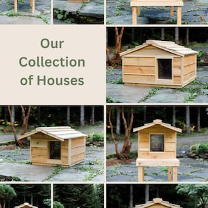 May include: A collection of eight wooden dog houses in various styles and sizes. Some houses have a raised platform, while others are on the ground. All houses are made of natural wood and have a rustic look.