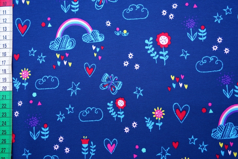 Jersey Hearts Rainbow, 50 cm, Little Darling, blue, Oeko-Tex, cotton jersey image 1