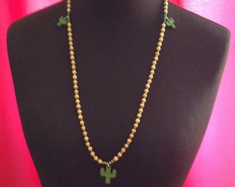 long necklace in wooden beads and cactus charms