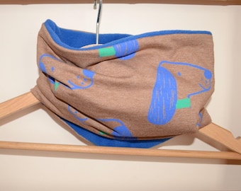 Brown dog-print neck warmer, snood, baby and child neck gaiter with royal blue fleece lining.