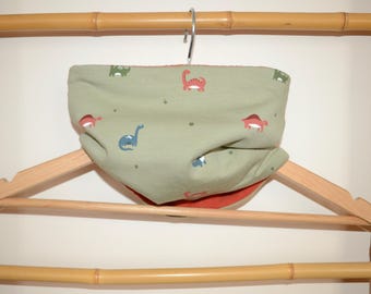 Dinosaur green neck warmer, snood, baby and child neck gaiter, rust-colored fleece lining