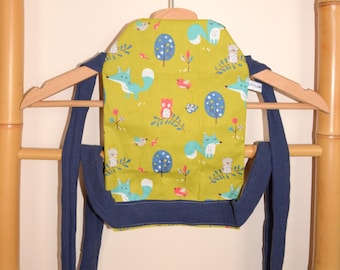 Baby carrier, physiological doll carrier, Meitaï style, for children, fox green and double gauze blue