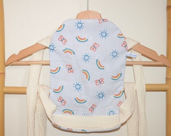 Porte poupon, porte poupée type physiologique meitaï pour enfant en coton arc en ciel, soleil, papillon et double gaze bleu ou beige