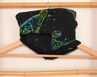 Black dinosaur neck warmer, snood, tube scarf for babies and children, black fleece lining