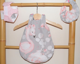 Trio of bib, diaper and sleeping bag for doll in flamingo gray cotton