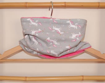 Unicorn grey neck warmer, snood, baby and child neck gaiter, pink fleece lining