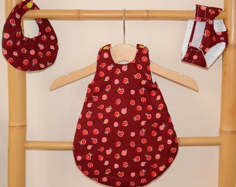 Trio of bib, diaper and sleeping bag for apple burgundy cotton doll