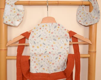 Trio of bib, diaper and baby carrier, physiological-type meitai doll carrier for children in blue rabbit cotton and terracotta double gauze