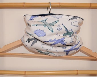 Neck warmer, snood, tube scarf for baby and child, ecru airplane print, navy blue fleece lining