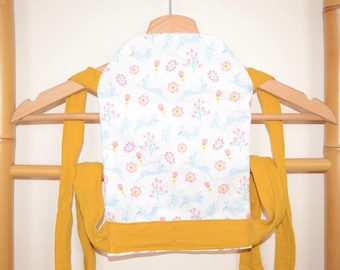 Baby carrier, physiological doll carrier, Meitaï style, for children, white, flying rabbit and double gauze