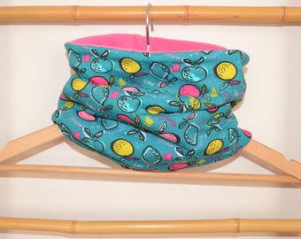 Neck warmer, snood, baby and child neck gaiter in citrus green, with pink fleece lining