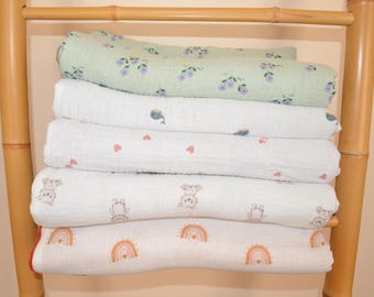 Baby blanket in double gauze cotton and soft fleece, customizable
