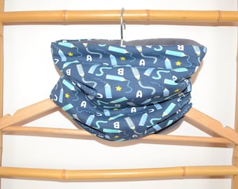 Neck warmer, snood, tube scarf for babies and children, school pencil blue, with grey fleece lining