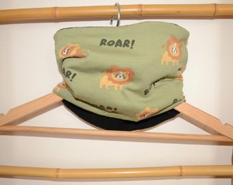 Lion green baby and child neck warmer, snood, neck gaiter, black fleece lining, black fleece lining