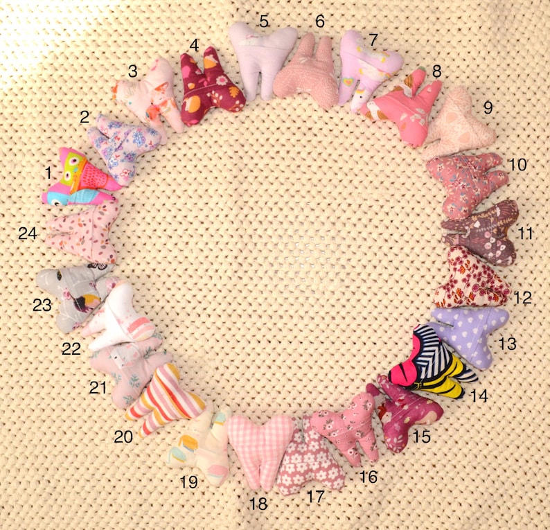 Tooth-shaped cushion for baby teeth, for the tooth fairy or mouse, pink tones image 1