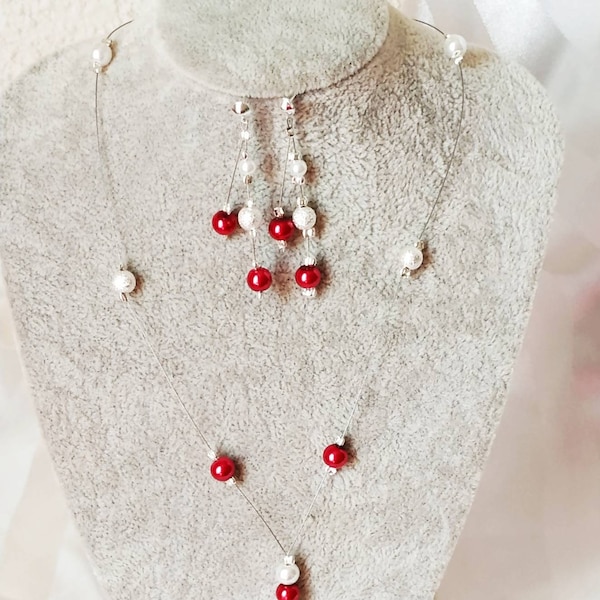 Parure collier boucles d'oreille mariage, mariée, perles rouges bordeaux et blanches ou ivoires fait main