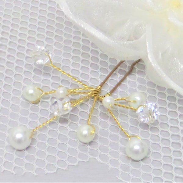 Hairpin, hair pins, accessory hairstyle, hair jewelry, Bridal, gold, Ivory Pearl, Crystal cube, swarovski