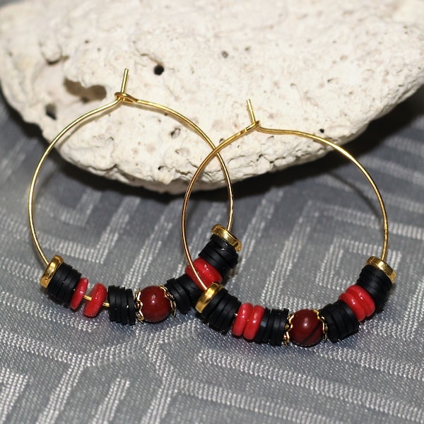 Boucles d'oreille, créole dorées, perle jaspe rouge, perles Heishi,