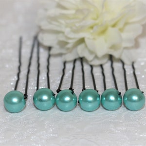 6 pics à chignon, épingles à cheveux, coiffure mariée, mariage, accessoire coiffure, fait main, perle nacrée, bleu turquoise, 8 mm image 1