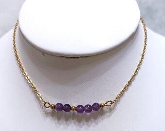 Short necklace, choker, natural Amethyst stones and stainless steel, stackable, women's jewelry, Lithotherapy.