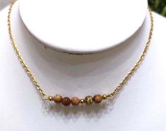 Short necklace, choker, natural landscape jasper stones and stainless steel, stackable, women's jewelry, Lithotherapy.