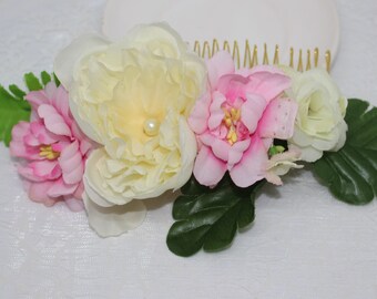 Hair comb with flowers, hairstyle accessory, wedding bun, hair picks, hair comb golden metal, ivory and pink flowers