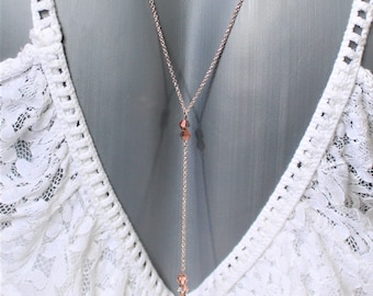 Collier de dos, bijoux de dos, dos nu, rose gold, chute de dos, mariée, bijoux de peau, or rose, perles cristal swarovski topaze doré