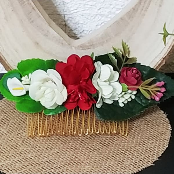 Peigne à cheveux, peigne à fleurs, mariée, mariage, peigne rétro, mariage champêtre, accessoire coiffure, mariage bohème, rouge et ivoire