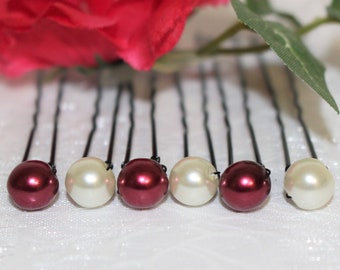 Hairpins, ivory and Burgundy, bun picks, Bridal accessory, wedding hairstyle, glass bead, 8 mm