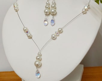 Parure collier, perles ivoires cristal, collier mariage, bracelet, et boucles d'oreille, accessoires mariée, bijoux mariage, bijoux femme