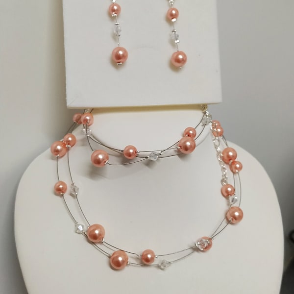 Parure perle orange corail et cristal, bijoux mariage, collier, ras de cou mariée, cristal swarovski, bijoux femme, demoiselle d'honneur