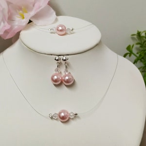 Wedding necklace set, pink pearls, solitaire, bracelet, pearl and swarovski crystal earrings, jewelry for women, girls or children image 1