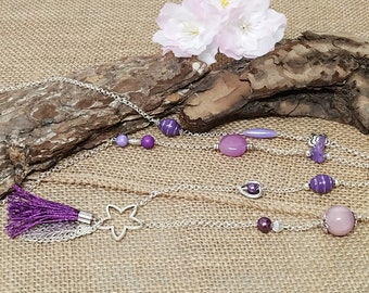 pom pom-pom necklace, purple parma beads, boho chic necklace, boho, silver metal long necklace, unique model, woman gift, Y necklace