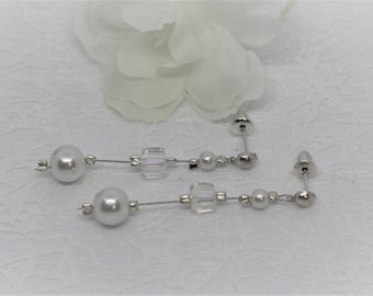 Boucles d'oreille perles blanches, boucles mariage, accessoire mariée, bijoux,  perles nacrées blanches,  perles cube swarovski cristal