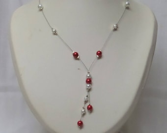 Collier mariée, ras de cou mariage, perles nacrées rouge bordeaux et blanches ou ivoires, perles strass scintillantes