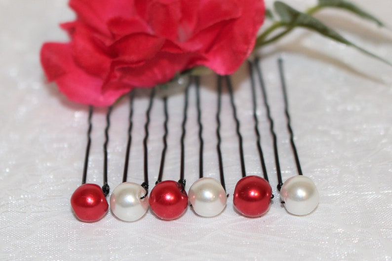 wedding 3 red beads and 3 white pearls or white beaded 8 mm hair Eco-bun pins hair Bridal