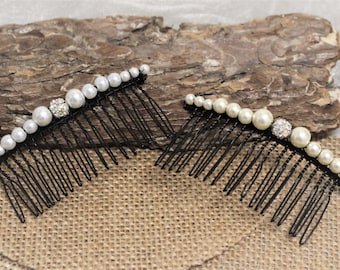 hair comb, hair jewelry, wedding hairstyle, hairstyle accessory, bride, white or ivory beads and rhinestone beads, bun comb