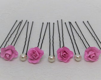 Pink flower hairpins, bun picks, hairstyle accessory, handmade, wedding, bridal hairstyle, pearl beads ivory 8 mm