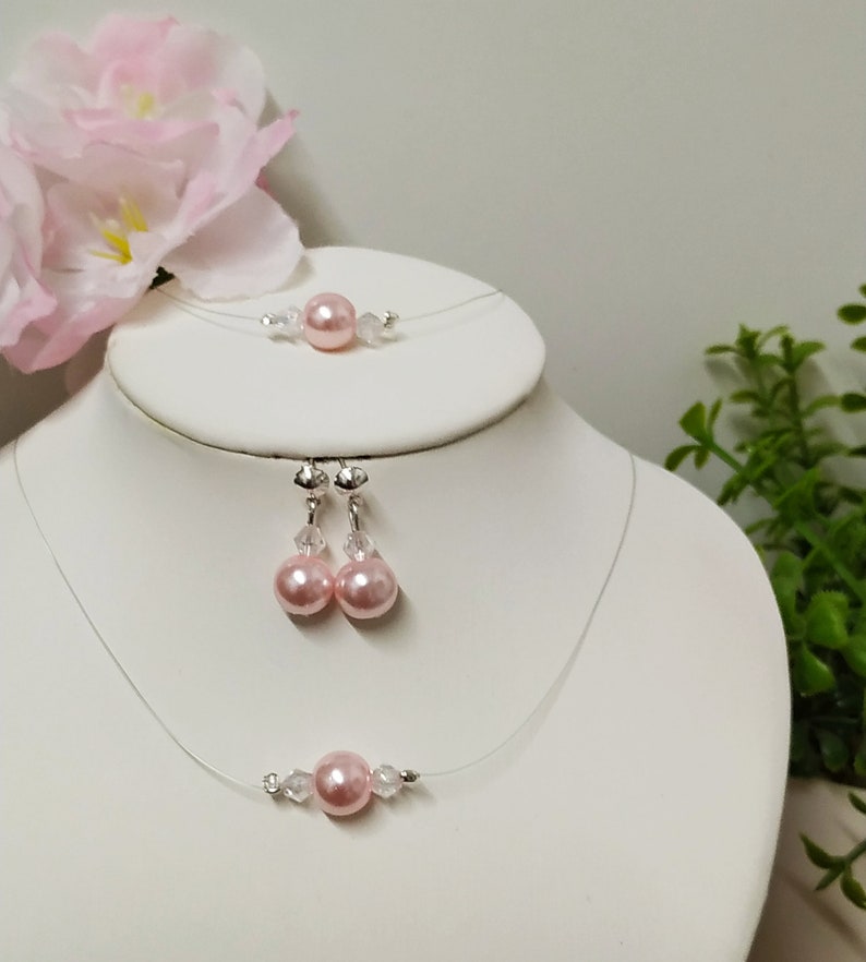 Wedding necklace set, pink pearls, solitaire, bracelet, pearl and swarovski crystal earrings, jewelry for women, girls or children image 1