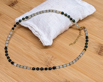 Natural pearl choker necklace, emerald jade and green aventurine, gold-plated stainless steel women's jewelry, gift for her, boho chic