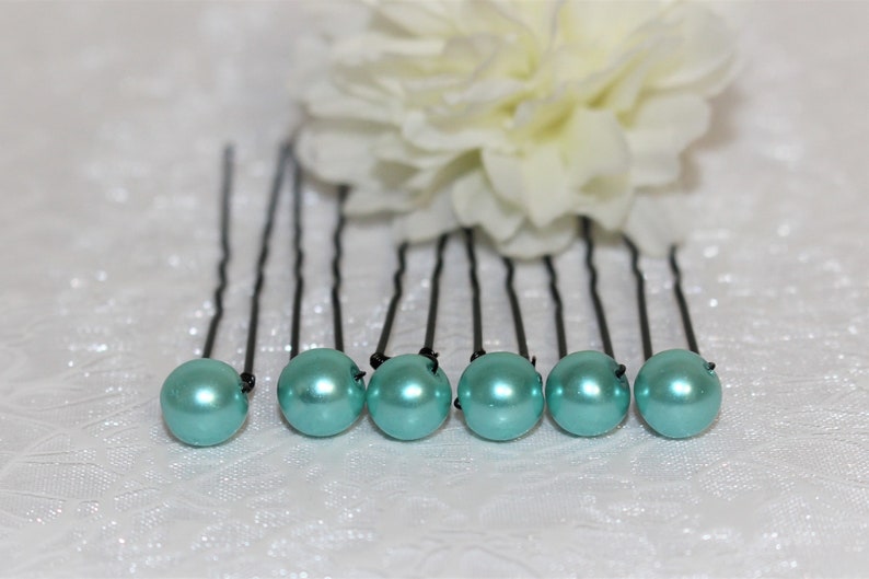 6 pics à chignon, épingles à cheveux, coiffure mariée, mariage, accessoire coiffure, fait main, perle nacrée, bleu turquoise, 8 mm image 1