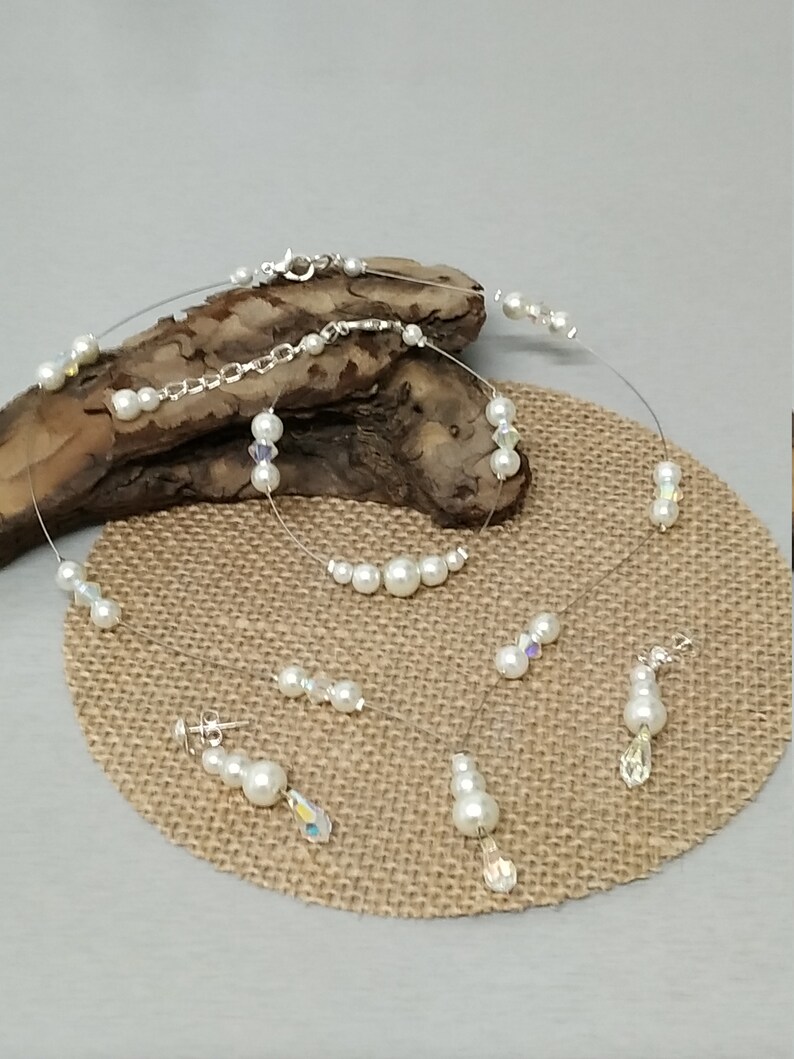 Parure collier, perles ivoires cristal, collier mariage, bracelet, et boucles d'oreille, accessoires mariée, bijoux mariage, bijoux femme image 4
