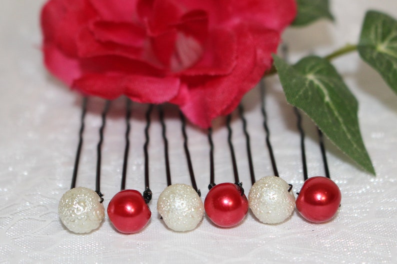 Pics à chignon, épingles à cheveux,accessoire coiffure, mariée, mariage, 3 perles rouges et 3 perles blanches ou blanches perlée 8 mm image 2