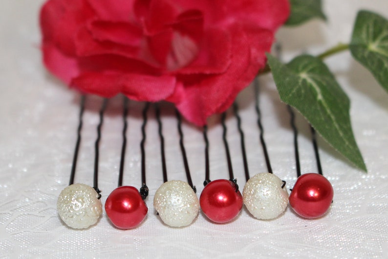 wedding 3 red beads and 3 white pearls or white beaded 8 mm hair Eco-bun pins hair Bridal
