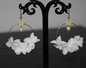 Boucles d'oreilles, créoles dorées, et véritables fleurs stabilisées d' hortensia ivoire, fleurs, bijoux mariage, cadeau fête des mères