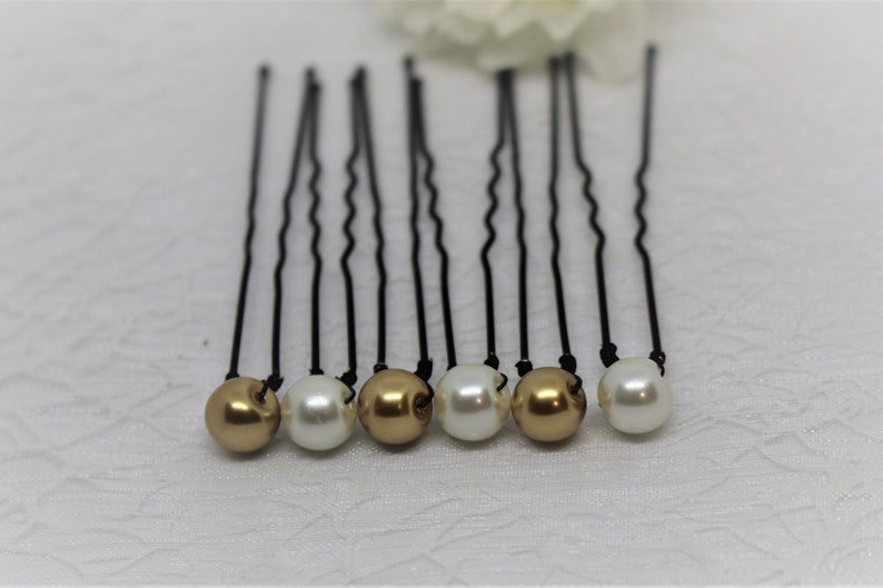 handmade hairdressing accessory bun pins 8 mm Golden pearly Pearl Bridal hairstyle Golden and ivory hair picks